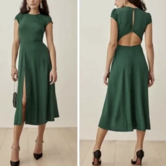 Reformation Gavin Midi Dress Open Back Cap Sleeve Emerald Green Slit Size 4 - Picture 1 of 16